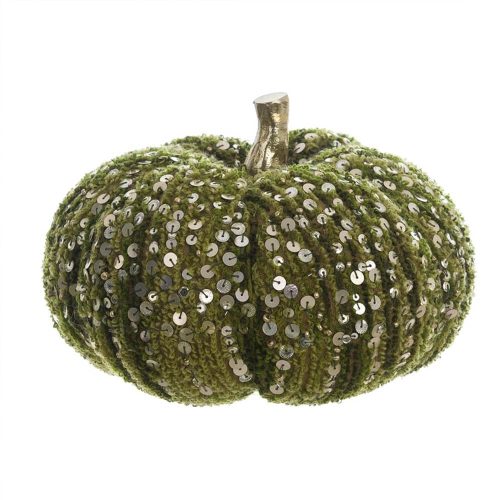 Zucca decorativa in tessuto bouclé verde con paillettes brillanti e gambo dorato, ideale per decorazioni autunnali chic.