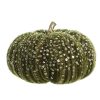 Citrouille décorative en tissu bouclé vert avec paillettes dorées et tige dorée, style élégant pour les décors automnaux.