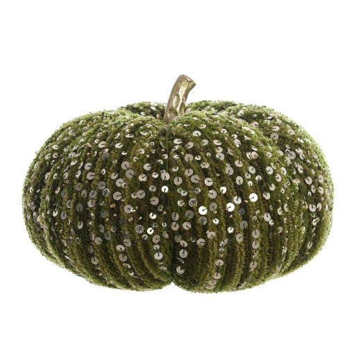 Zucca decorativa in tessuto verde bouclé con paillettes dorate e gambo oro, stile elegante per ambienti autunnali.
