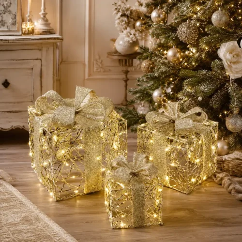 Tris di pacchi decorativi dorati con fiocco glitter e luci LED calde, struttura intrecciata in metallo, alimentazione a batteria.