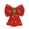Biscottiera in ceramica a forma di fiocco rosso con pois bianchi e agrifoglio decorativo, altezza 23 cm.