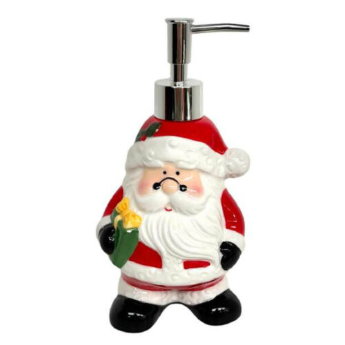 Dispenser per sapone liquido a forma di Babbo Natale in ceramica con pompa cromata, altezza 21 cm.