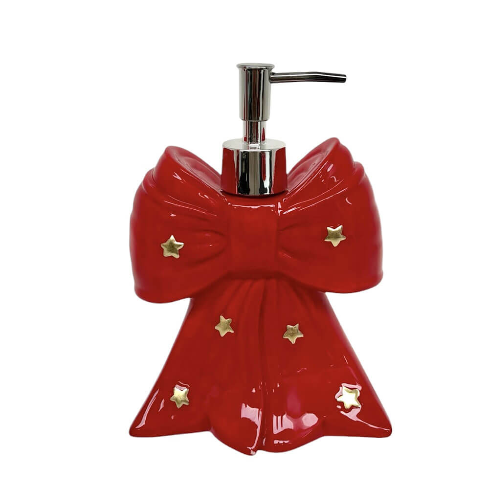 Dispenser per sapone liquido a forma di fiocco rosso natalizio con stelle dorate e pompa cromata, altezza 19 cm.