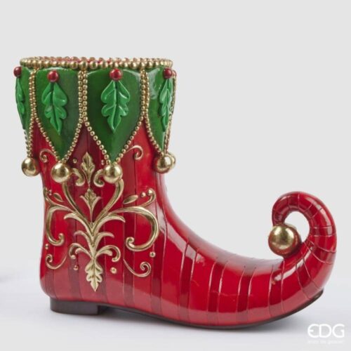 Jarrón decorativo navideño con forma de zapato de elfo de resina, con adornos verdes y dorados, punta rizada y cuentas doradas.