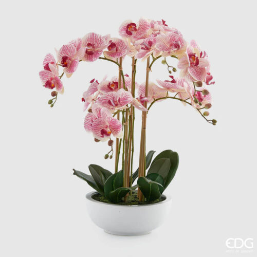 Pianta artificiale di orchidea con sei rami fioriti, in vaso bianco, con fiori rosa e venature fucsia.