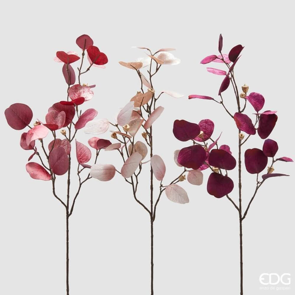 Branche décorative en velours EDG avec feuilles d'eucalyptus en trois teintes : bordeaux, rose poudré et rose antique.