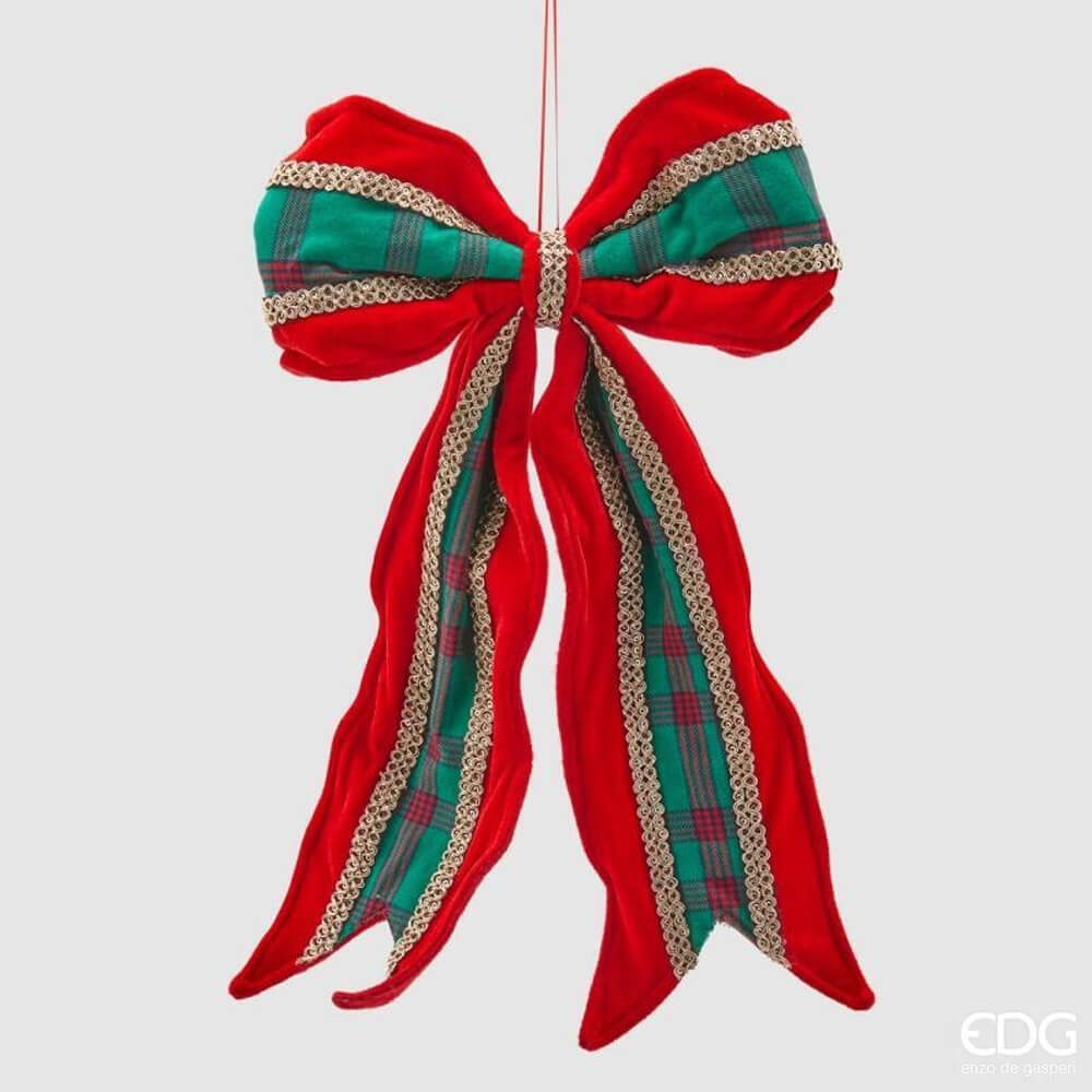 Nœud de Noël en coton rouge avec insert à carreaux verts et bordure décorative dorée.