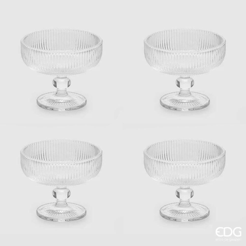 EDG Set 4 Coppe Righe H10 D12 cm – Trasparente 1 Set da 4 coppe in vetro trasparente con righe verticali e base con piede tondo decorato.
