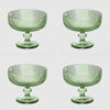 Lot de 4 coupes en verre vert avec surface striée verticale et pied décoré. Idéal pour les desserts. 