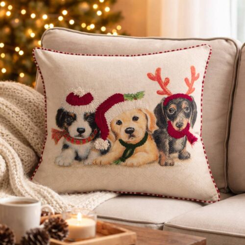 Cuscino decorativo natalizio Blanc MariClo’ con stampa di tre cuccioli e dettagli ricamati in rilievo, bordo rosso a righe.