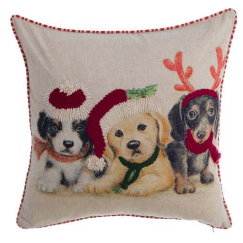 Cuscino decorativo natalizio Blanc MariClo’ con stampa di tre cuccioli e dettagli ricamati in rilievo, bordo rosso a righe.