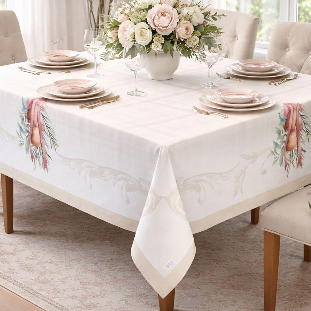 Tovaglia lunga in cotone 160x320 cm, decoro natalizio con campanelle dorate, fiocchi rosa e rametti verdi su fondo avorio e quadretti rosa.