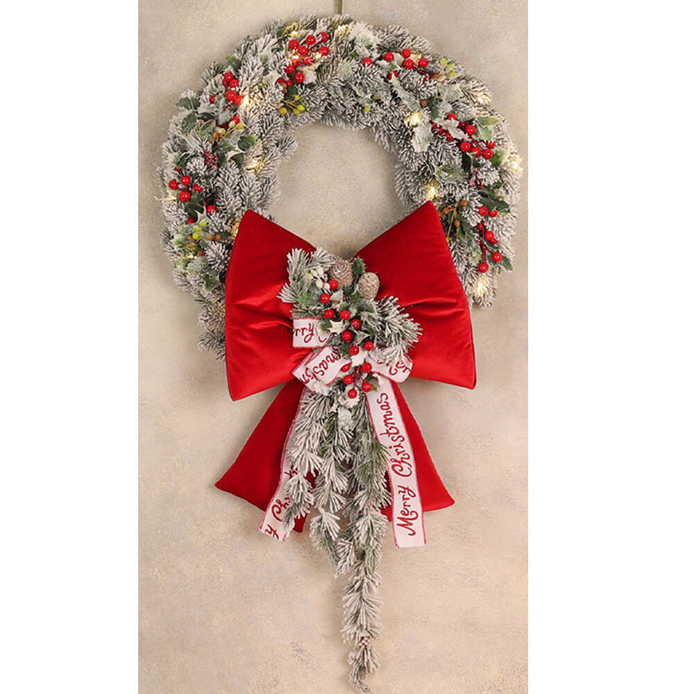 Ghirlanda Fiori di Lena Ø 50 cm con pino innevato, bacche rosse e fiocco in velluto rosso – decorazione natalizia profumata shabby chic.