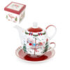 Set Tea for One in porcellana con decori natalizi: teiera, tazza, piattino e coperchio coordinati, confezionati in scatola regalo illustrata.