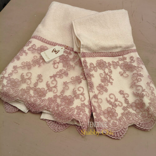 Alternative view of Coppia Asciugamani Avorio con Pizzo Rosa Fiori di Lena