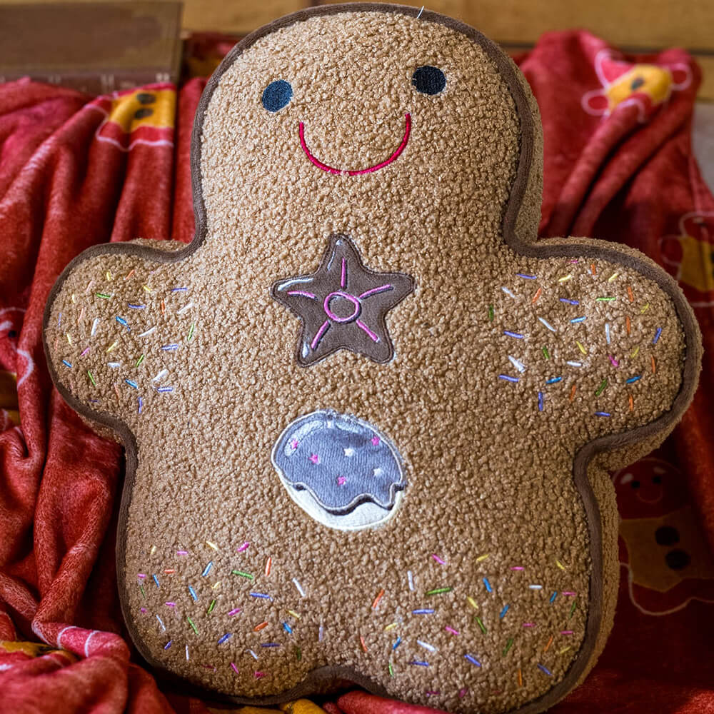 Cojín de jengibre marrón con adornos bordados de rocío de colores, estrella y caramelo.