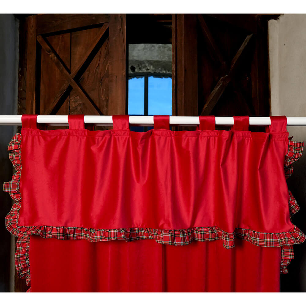 Mantovana in velluto rosso con balza tartan da 7 cm e passanti per bastone, ideale per finestre o porte, collezione natalizia Bon Bon Clodette.