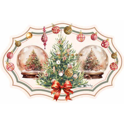 Tovaglietta natalizia sagomata in vinile con albero di Natale, due boule de neige e decorazioni festive, misura 48x33 cm.