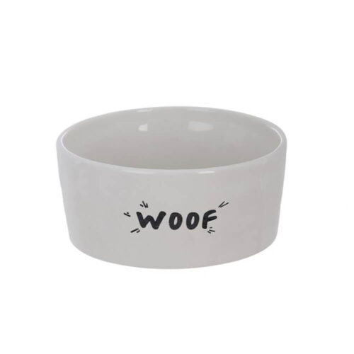 Cuenco de cerámica blanca con la inscripción "WOOF" en negro, ideal para la comida o el agua del perro.