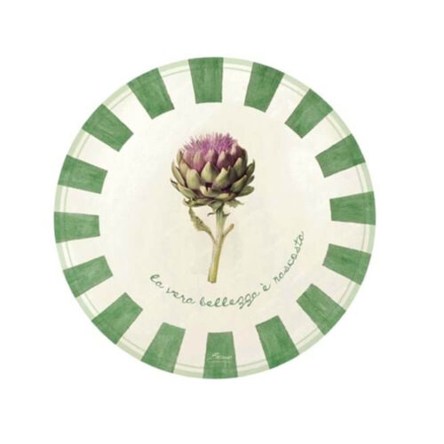 Tovaglietta in vinile rotonda con bordo a spicchi verdi, carciofo centrale e scritta “La vera bellezza è nascosta”.