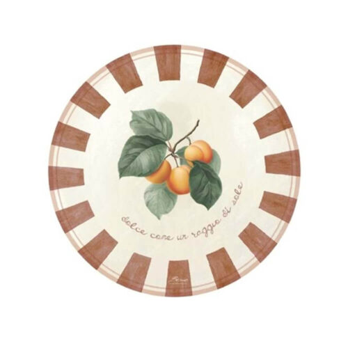 Tovaglietta tonda Blanc Mariclo in vinile con stampa di albicocche e scritta "dolce come un raggio di sole", bordi a righe terra cotta.