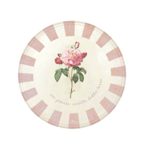 Tovaglietta tonda Blanc Mariclo in vinile con stampa di rosa rosa e bordo a righe rosa su fondo avorio, scritta decorativa.