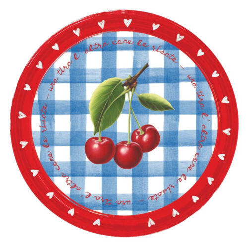Tovaglietta rotonda in vinile Blanc Mariclo con motivo a quadretti blu, ciliegie rosse centrali, bordo rosso con cuoricini bianchi.