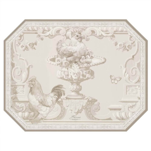 Tovaglietta in vinile Blanc Mariclo collezione Coco con disegno in stile antico di galline su fontana ornamentale in tonalità beige.