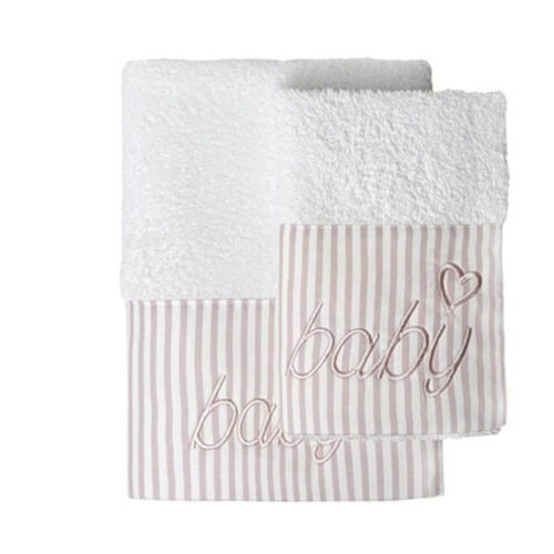 Coppia asciugamani in spugna bianca con bordo a righe rosa e scritta baby ricamata, ideale per neonati e primi bagnetti.