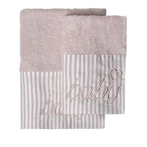 Coppia asciugamani rosa cipria Blanc Mariclo con scritta “baby” ricamata e bordo a righe, ideale per neonati.