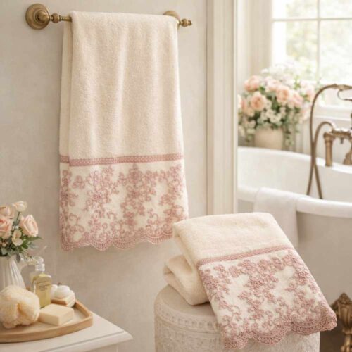 Coppia Asciugamani Avorio con Pizzo Rosa Fiori di Lena