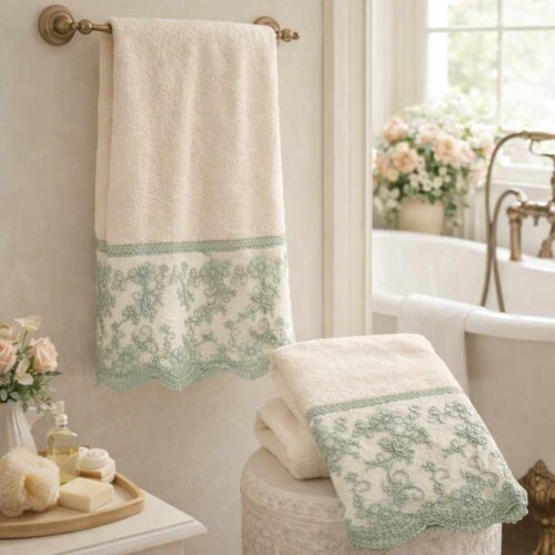 Fiori di Lena Coppia Asciugamani Avorio con Pizzo Verde