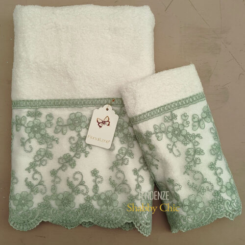 Fiori di Lena Coppia Asciugamani Bianchi con Pizzo Verde 9 coppia asciugamani bianche con pizzo verde