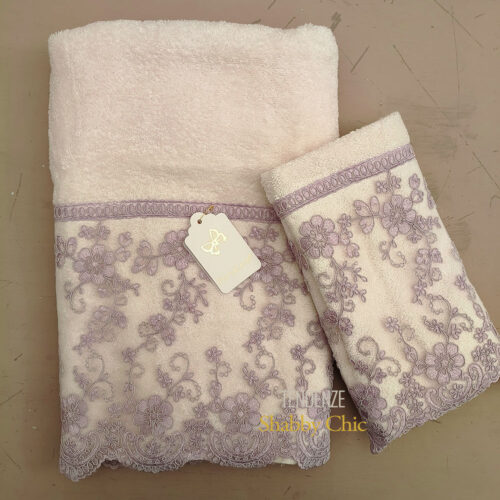 coppia spugna viso ospite bianco e pizzo lilla