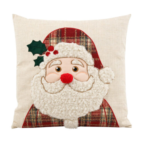 Coussin carré avec visage du Père Noël brodé en bouclé, nez à pompon rouge et bonnet en Tartan sur une base écrue.