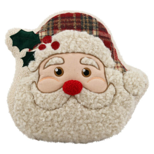 Coussin décoratif en forme de Père Noël avec barbe en peluche, nez rouge et bonnet à carreaux.