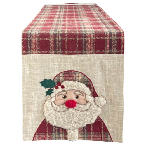 Runner da tavola Clodette con fantasia tartan rossa e applicazione di Babbo Natale in bouclé con naso pompon su fondo effetto lino.
