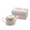 Tetera de porcelana de 600 ml con diseño de flores y pájaros, asa curva, pico clásico y caja rígida a juego.