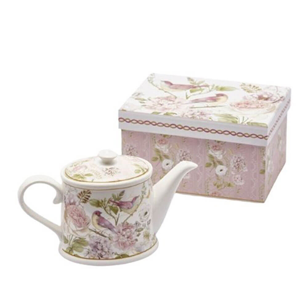 EDG Tetera de porcelana Jardín 600 ml con caja 1 Tetera de porcelana de 600 ml con diseño de flores y pájaros, asa curva, pico clásico y caja rígida a juego.