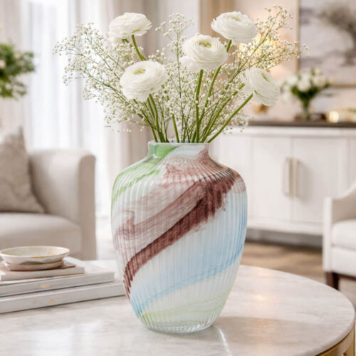 Vaso anfora in vetro decorativo con finitura a coste e sfumature multicolore, completo di scatola EDG.