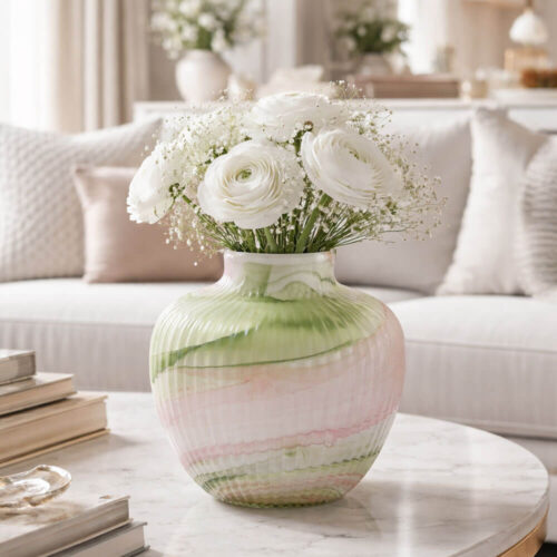 Vaso anfora in vetro decorativo con superficie a coste e sfumature verde e rosa, con scatola EDG.