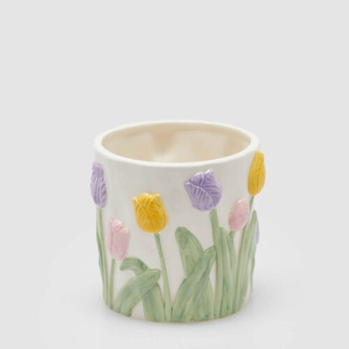 Vasetto cilindrico in ceramica con tulipani in rilievo colorati, decorazione floreale primaverile