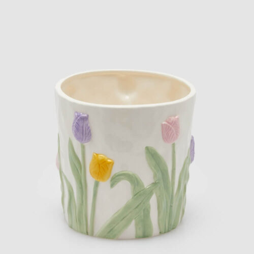 Vaso cilindrico in ceramica con tulipani in rilievo colorati, lavorazione artigianale