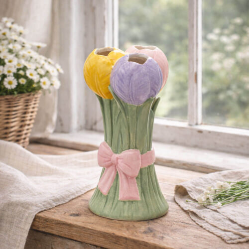 Jarrón de cerámica en forma de ramo de tulipanes con lazo rosa, decoración floral hecha a mano