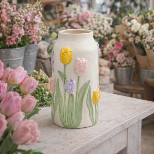 Vaso cilindrico in ceramica con tulipani multicolor in rilievo, stile shabby chic