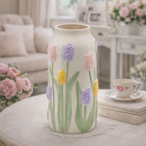 Jarrón cilíndrico alto de cerámica con tulipanes multicolores en relieve, estilo Shabby Chic