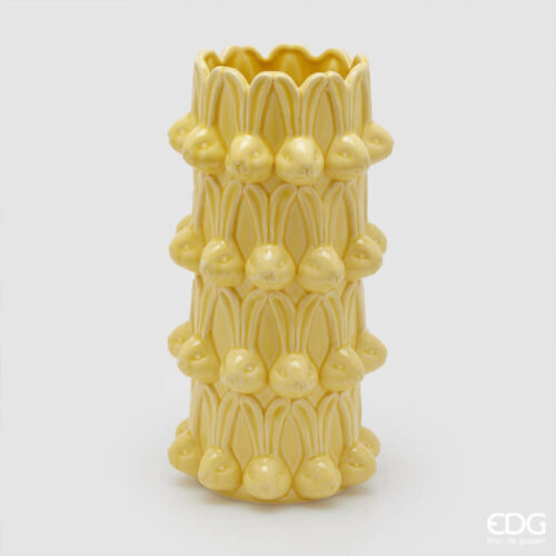 Vaso in ceramica giallo con conigli in rilievo e bordo ondulato, decorazione pasquale