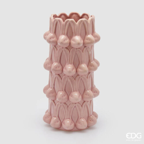 Vaso in ceramica rosa con conigli in rilievo e bordo ondulato, decorazione pasquale elegante