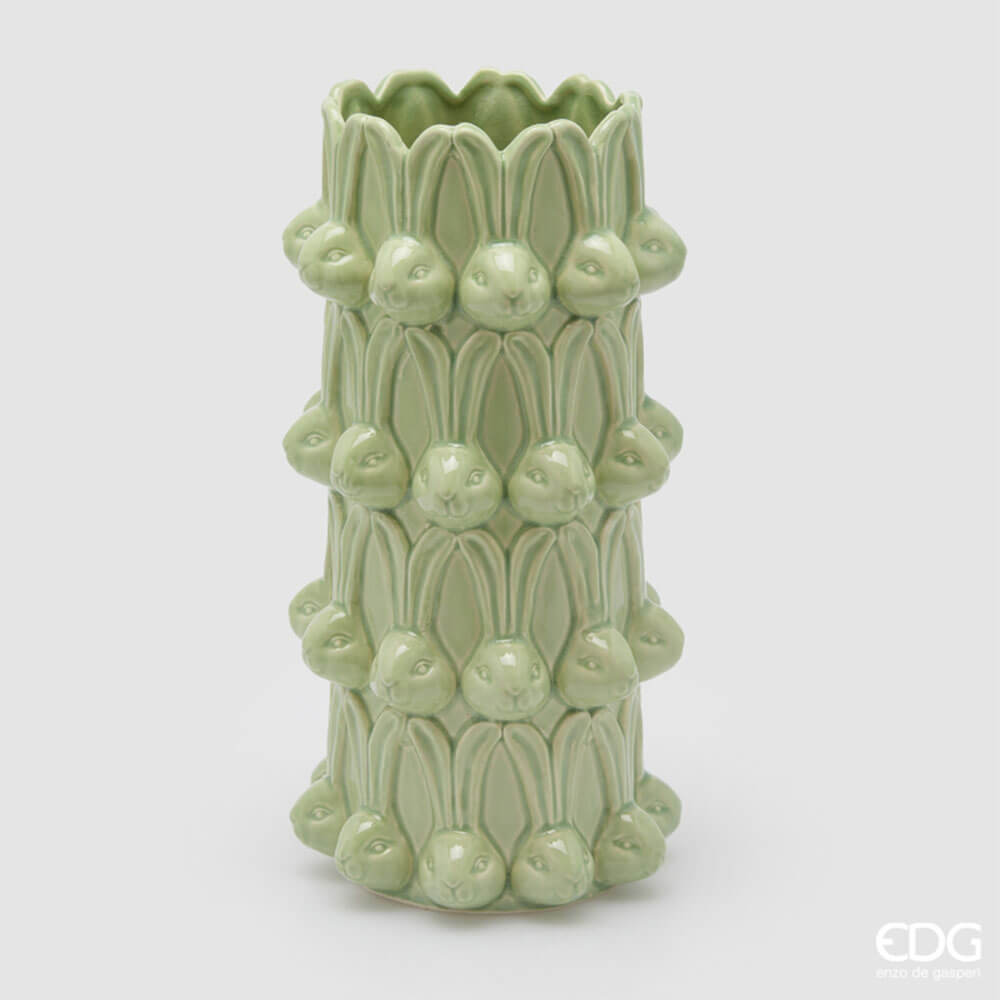 EDG Jarrón Conejo de Pascua Verde H32 cm 1 Jarrón de cerámica verde con conejos en relieve y borde ondulado, refinada decoración de Pascua