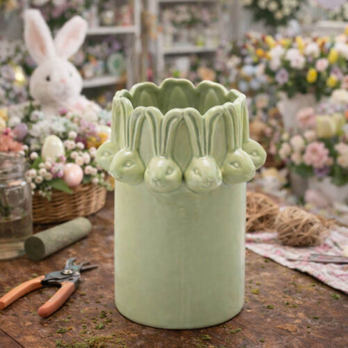 EDG Vaso Conigli Pasqua Cilindrico Verde H19 cm